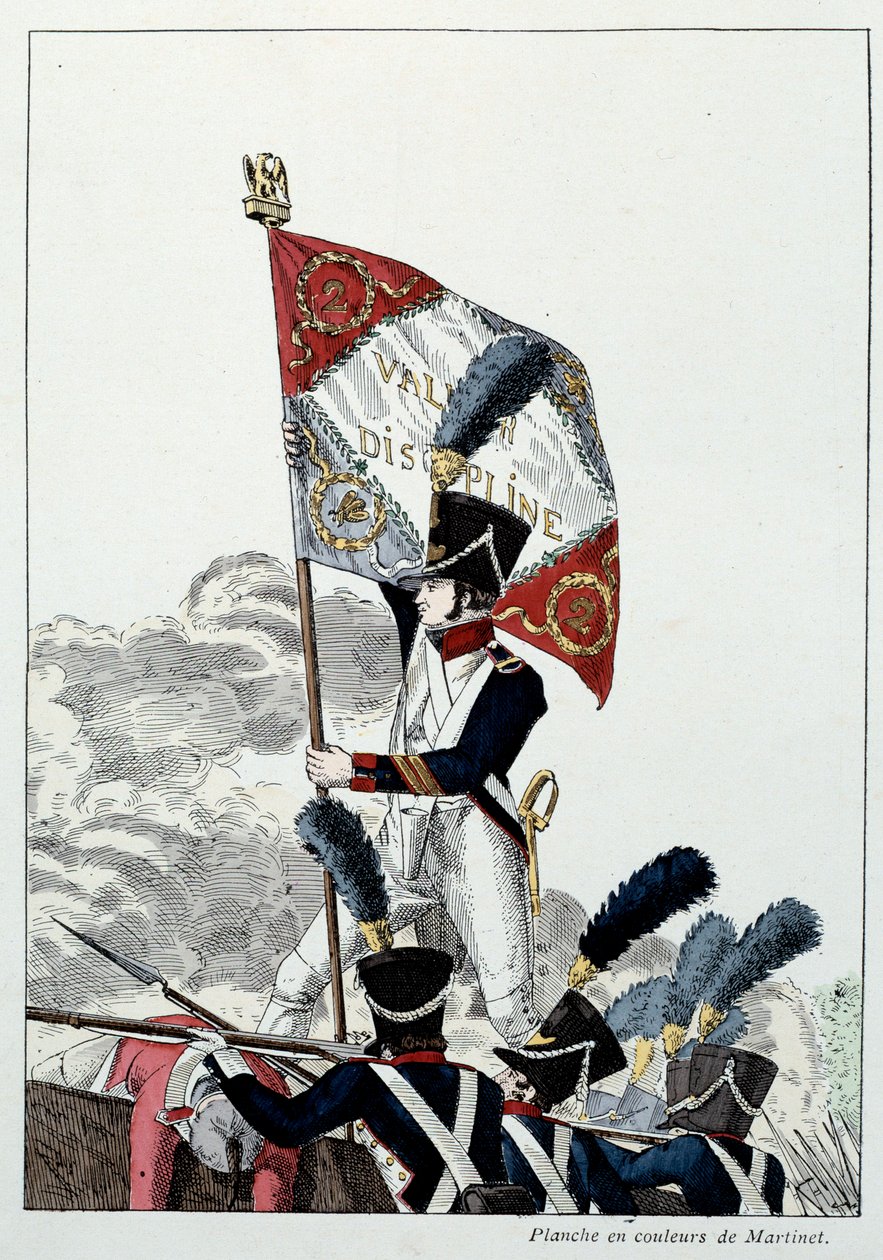 Napoleonische Armee: Linieninfanterie. Sergeant Major pflanzt seinen Adler auf ein drastisch ausgelöschtes Grauen. Gravur von Martinet (19. Jahrhundert) 1808. Malmaison, Musée Du Château. von French School