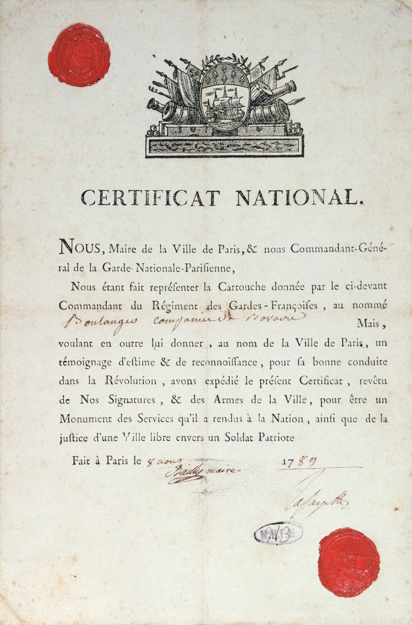 Nationales Zertifikat für gutes Verhalten während der Französischen Revolution, 8. August 1789 in Paris von French School