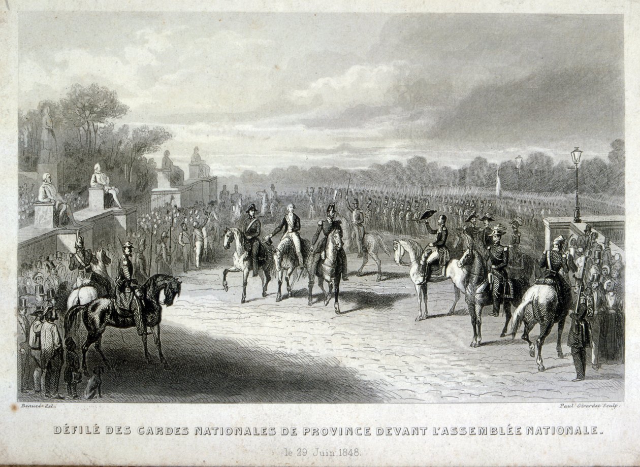 Nationalgardisten schützen die Nationalversammlung in Paris. Gravur während der Französischen Revolution 1848 von French School