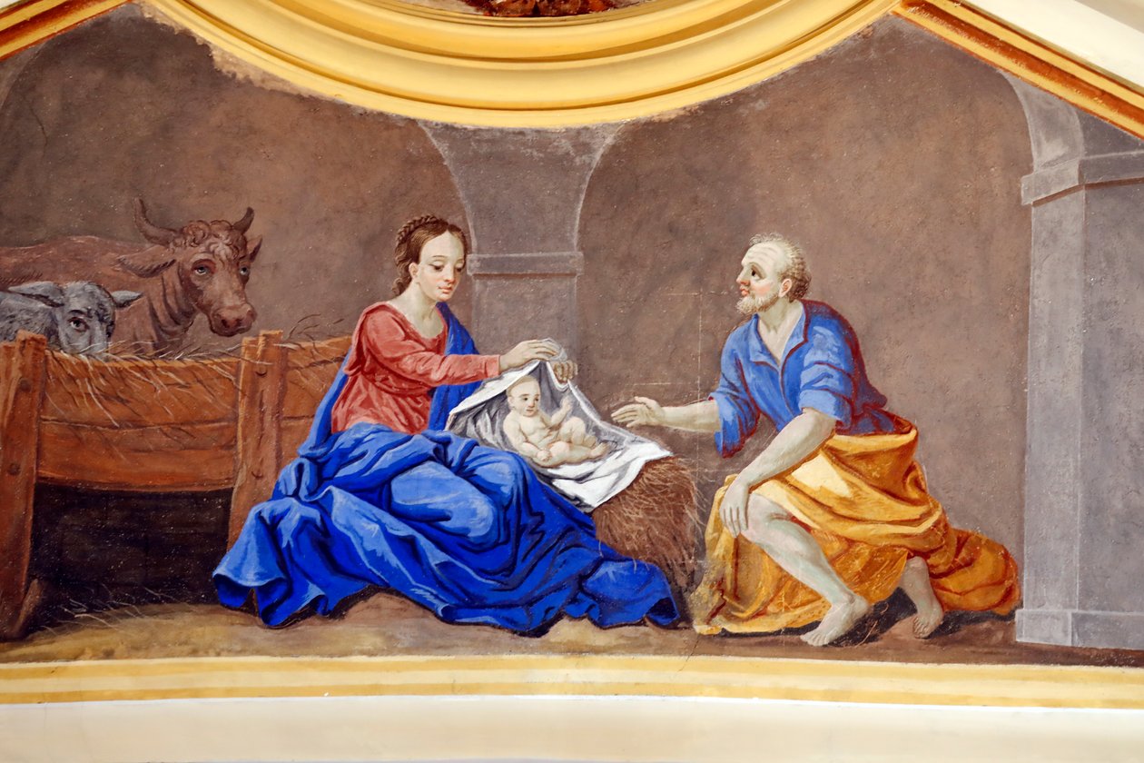 Krippenszene. Die heilige Familie. Kirche St. Nicolas de Veroce. Malerei Frankreich. von French School