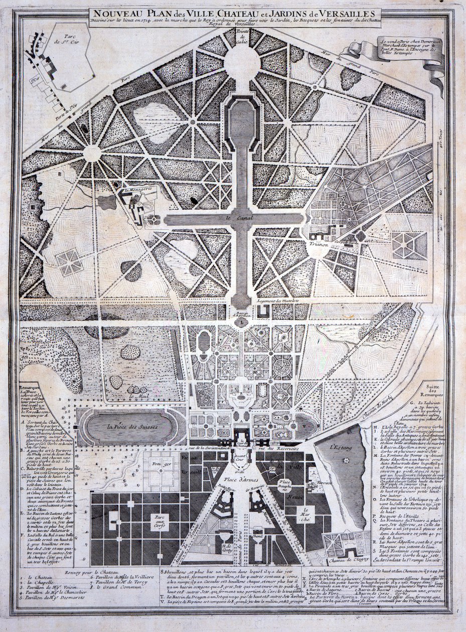 Neuer Plan der Stadt, des Schlosses und der Gärten von Versailles, 1714, aus Les Plans, Profils et Élévations des Villes et Château de Versailles, veröffentlicht ca. 1715 von French School