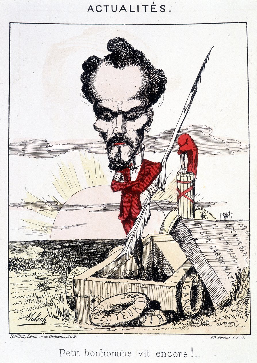 Nachrichten - Kleiner Mann lebt noch!. Karikatur über Rochefort, der in einem Grab steht von French School