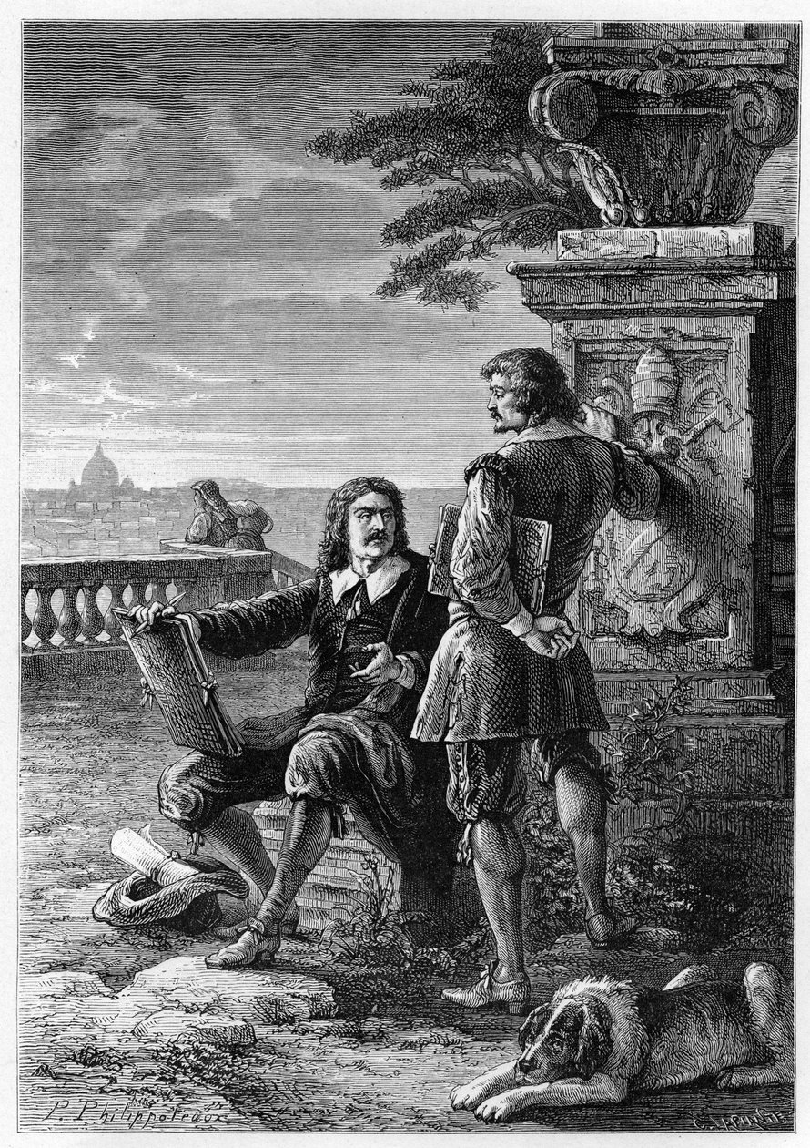 Nicolas Poussin (1594-1665), französischer Maler, mit Claude Gellée, genannt Le Lorrain (1600-1682) in Rom (Trinità dei Monti) Gravur aus „L