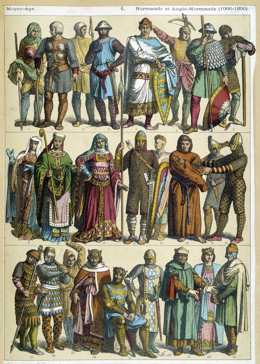 Normannische und anglo-normannische zivile, religiöse und Kriegerkostüme (1066-1200) - Gravur von French School