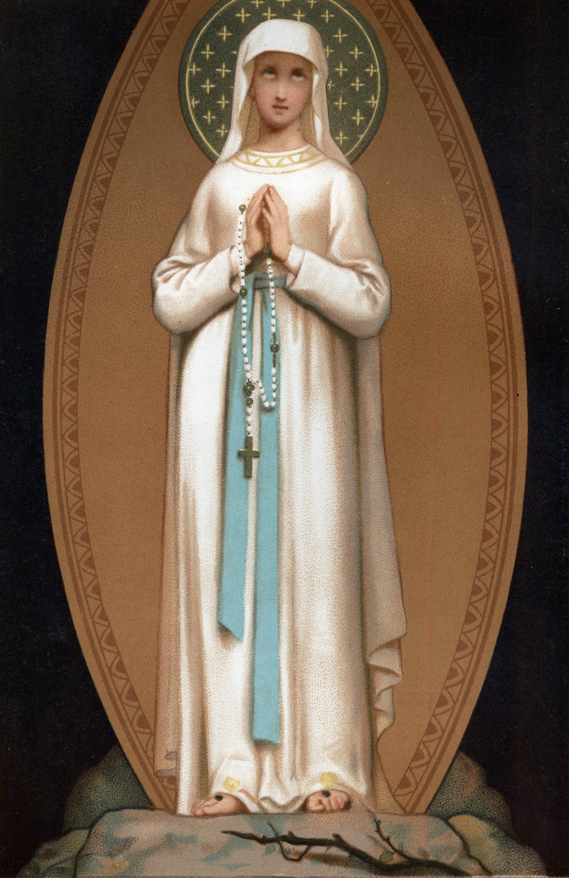 Notre Dame de Lourdes: Darstellung der Jungfrau Maria, wie sie Bernadette Soubirous 1858 in der Höhle von Lourdes erschienen sein soll. Chromolithographie. Frontispiz von „Notre Dame de Lourdes“ von Henri Lasserre von French School