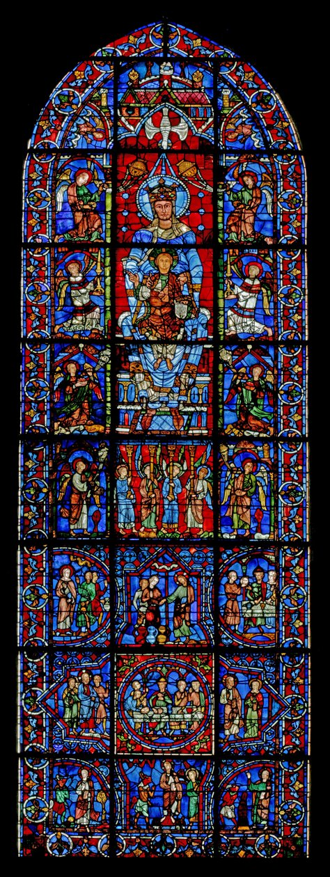 Notre Dame de la Belle Verriere; unten Szenen der Hochzeit zu Kana und der Versuchung Christi in der Wüste von French School