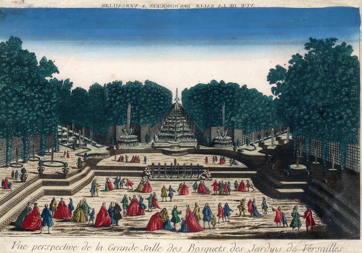 Optische Ansicht: Perspektivische Ansicht des großen Saals der Haine der Gärten von Versailles. Gravur aus dem 18. Jahrhundert von French School