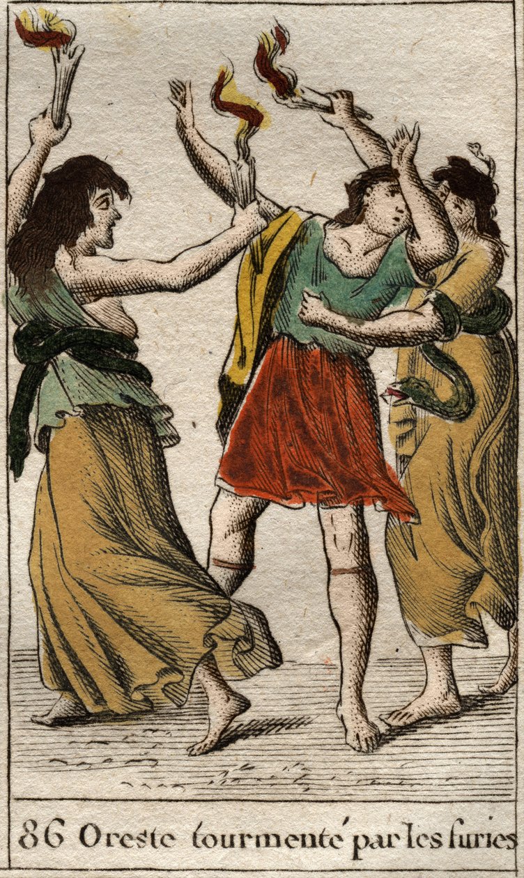 Orestes, verfolgt von den Erinnyen (oder Furien) für die Rache am Tod seines Vaters Agamemnon durch die Tötung seiner Mutter Klytaimnestra. Aus „Mythologie der Jugend“ von Pierre Blanchard 1803. von French School