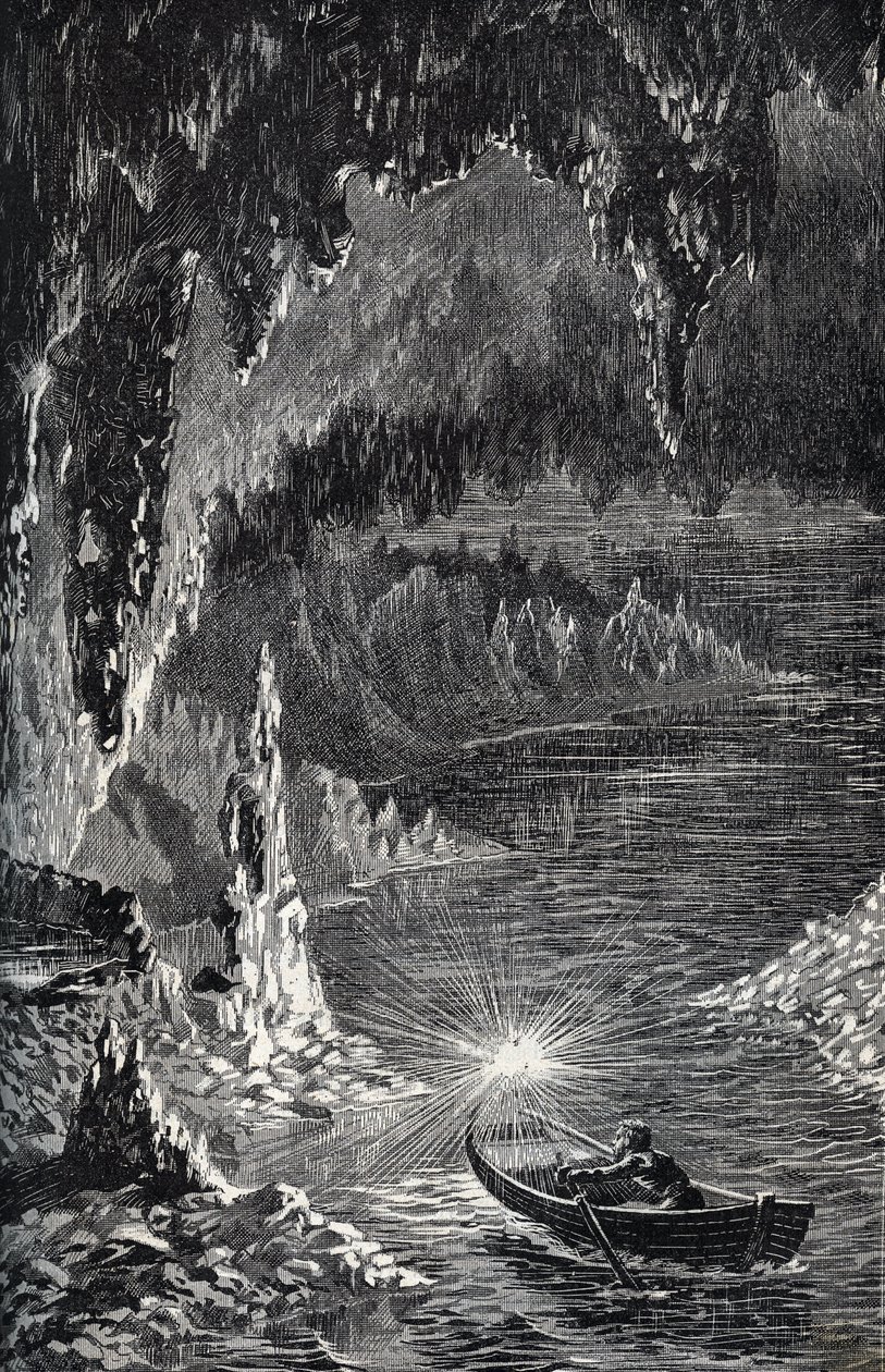 Padirac-Höhle im Département Lot, in Frankreich - Unterirdischer Fluss - Gouffre de Padirac - im Lot in Frankreich - Gravur in „PATRIE“ - BESCHREIBUNG PIQUE DE LA FRANCE IN 6 BÄNDEN VON LUCIEN HUARD - Ende des 19. Jahrhunderts von French School