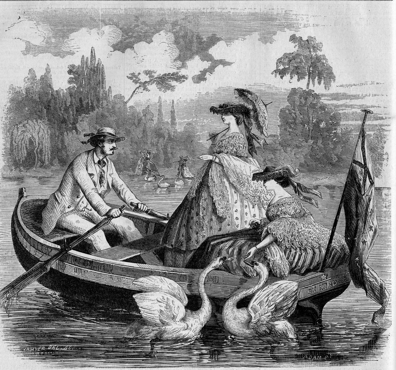 Pariser Moden, Sommer 1857: Bootsfahrt auf einem See. Gravur in „Le Monde Illustré“ Nr. 24 vom 26. September 1857. von French School