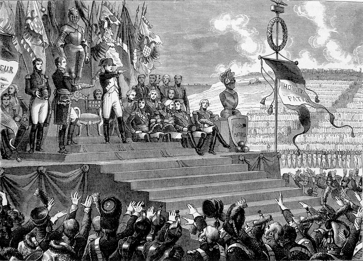 Fest im Lager von Boulogne: Napoleon I. Konsul. Gravur - in „Histoire de France“ von Henri Martin. 19. Jahrhundert von French School