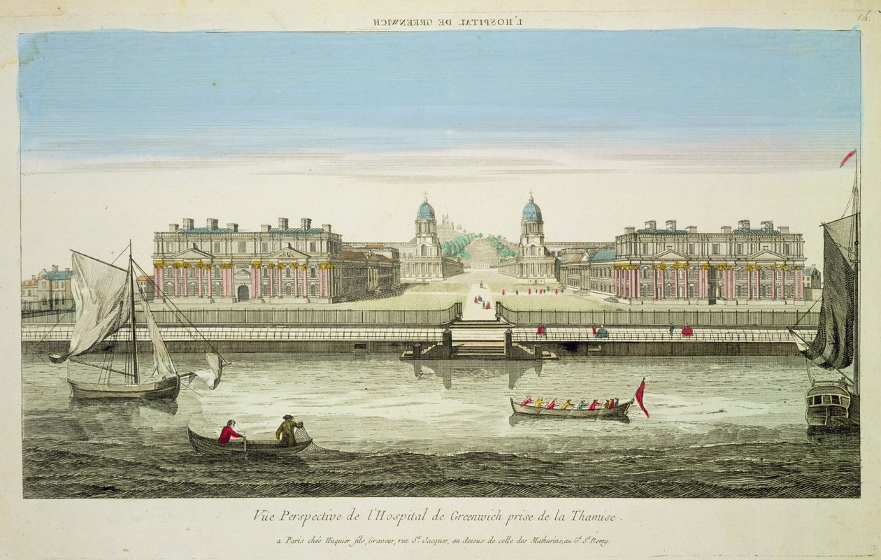 Perspektivische Ansicht des Greenwich Hospital an der Themse, graviert von Huquier von French School