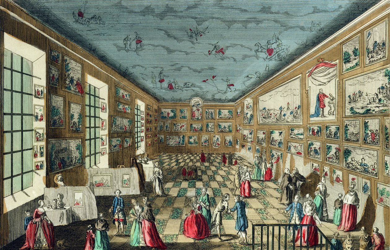 Perspektivische Ansicht des Salons der Königlichen Akademie für Malerei und Bildhauerei im Louvre, Paris von French School