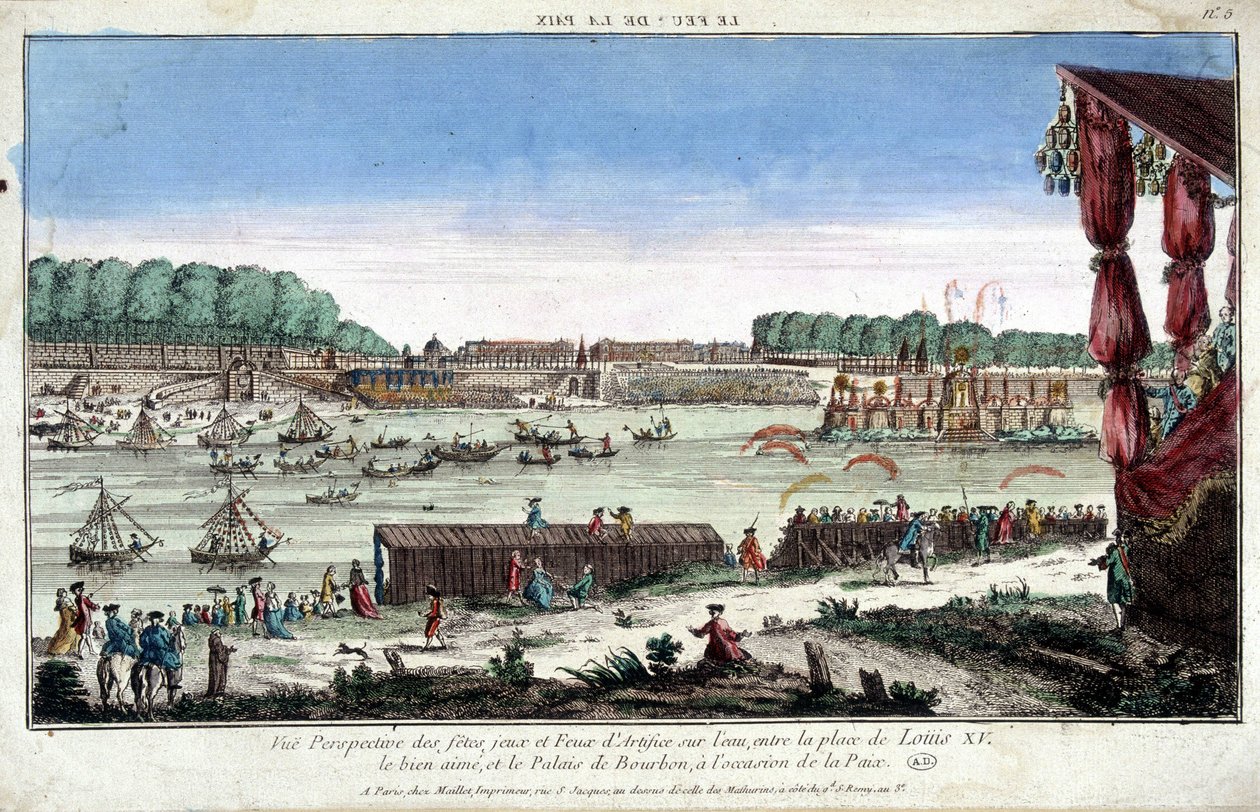 Perspektivische Ansicht von Festen, Spielen und Feuerwerk auf dem Wasser, zwischen Place Louis XV und Palais Bourbon, anlässlich des Friedens von French School