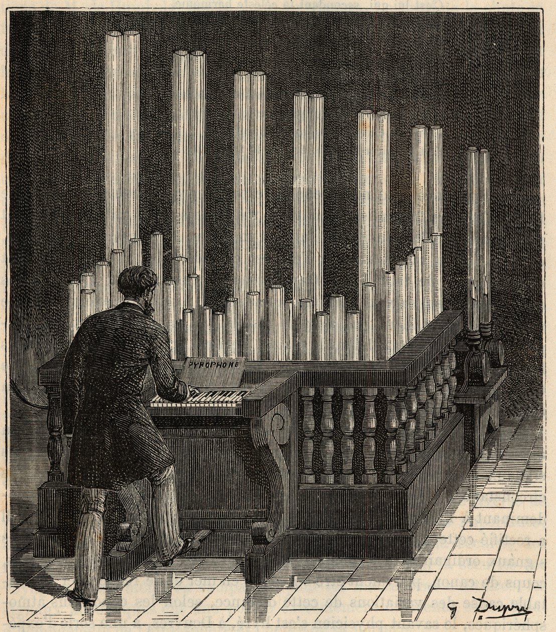 Piano a Gaz - (Gasorgel) Pyrofon (Feuer-/Explosionsorgel) (Feuer-/Explosionskalliope) Gravur in „Sciences à la portée de tous - Physik und Chemie für alle“ von Alexis Clerc - Ende des 19. Jahrhunderts - Private Sammlung. von French School