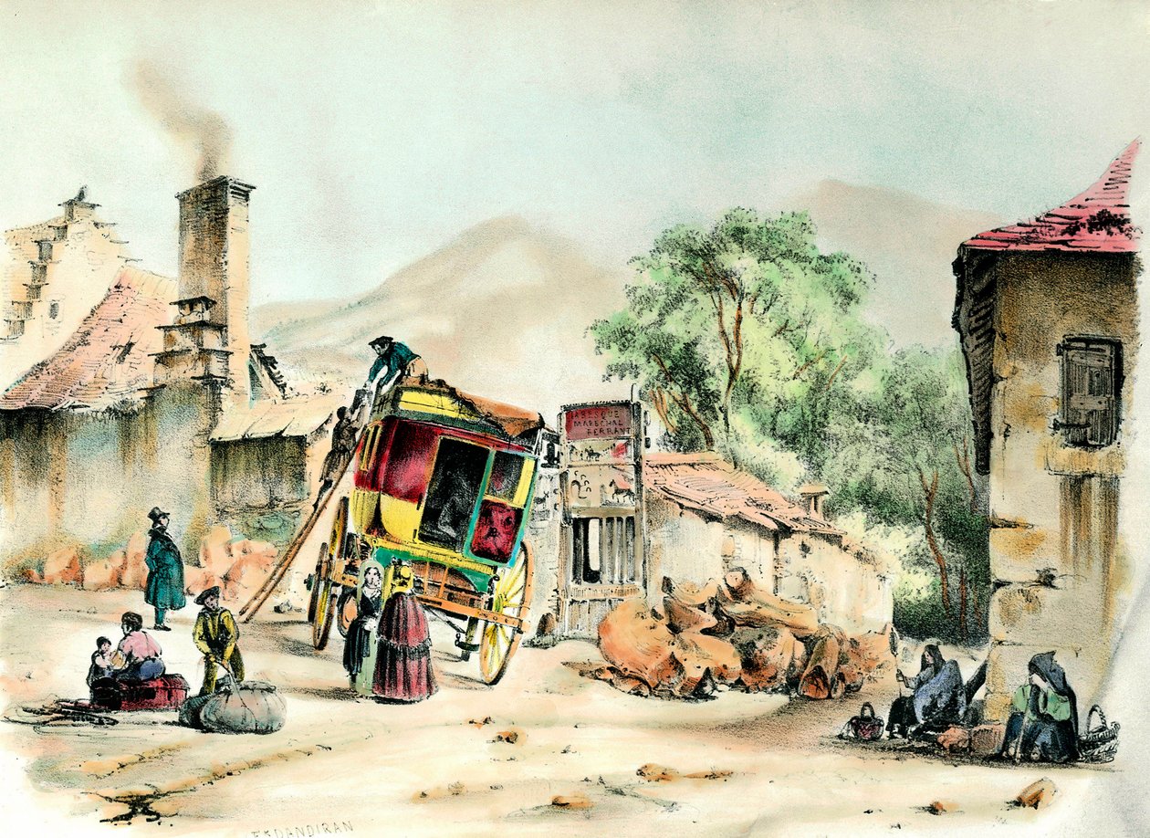 Pierrefites Postkutsche Die Ankunft der Postkutsche, die Pierrefite mit Paris verbindet. Stich von 1836 Private Sammlung von French School