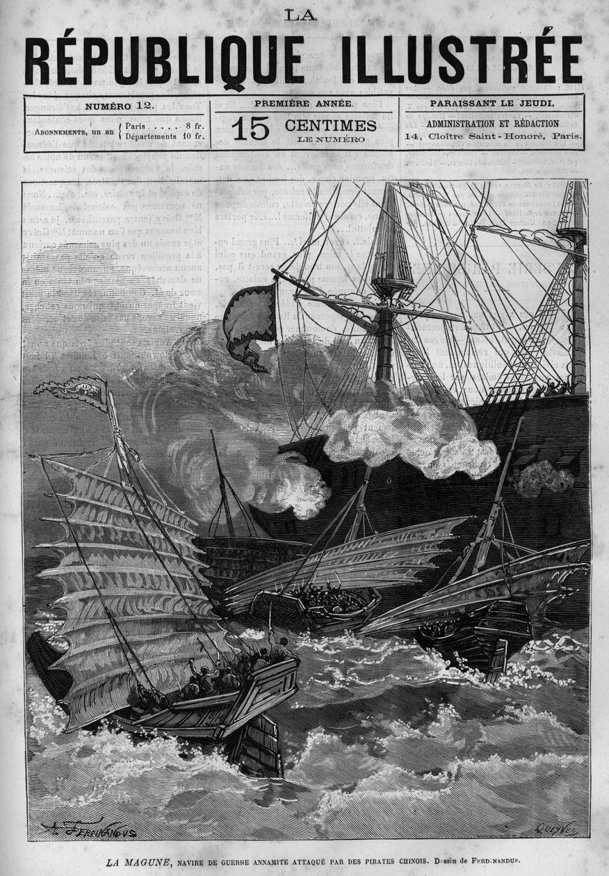 Piraterie: Das annamitische Kriegsschiff „La Magune“ wurde von chinesischen Piraten angegriffen. Eine Zeitung. Gravur von 1880 in „La république illustrée“, private Sammlung. von French School