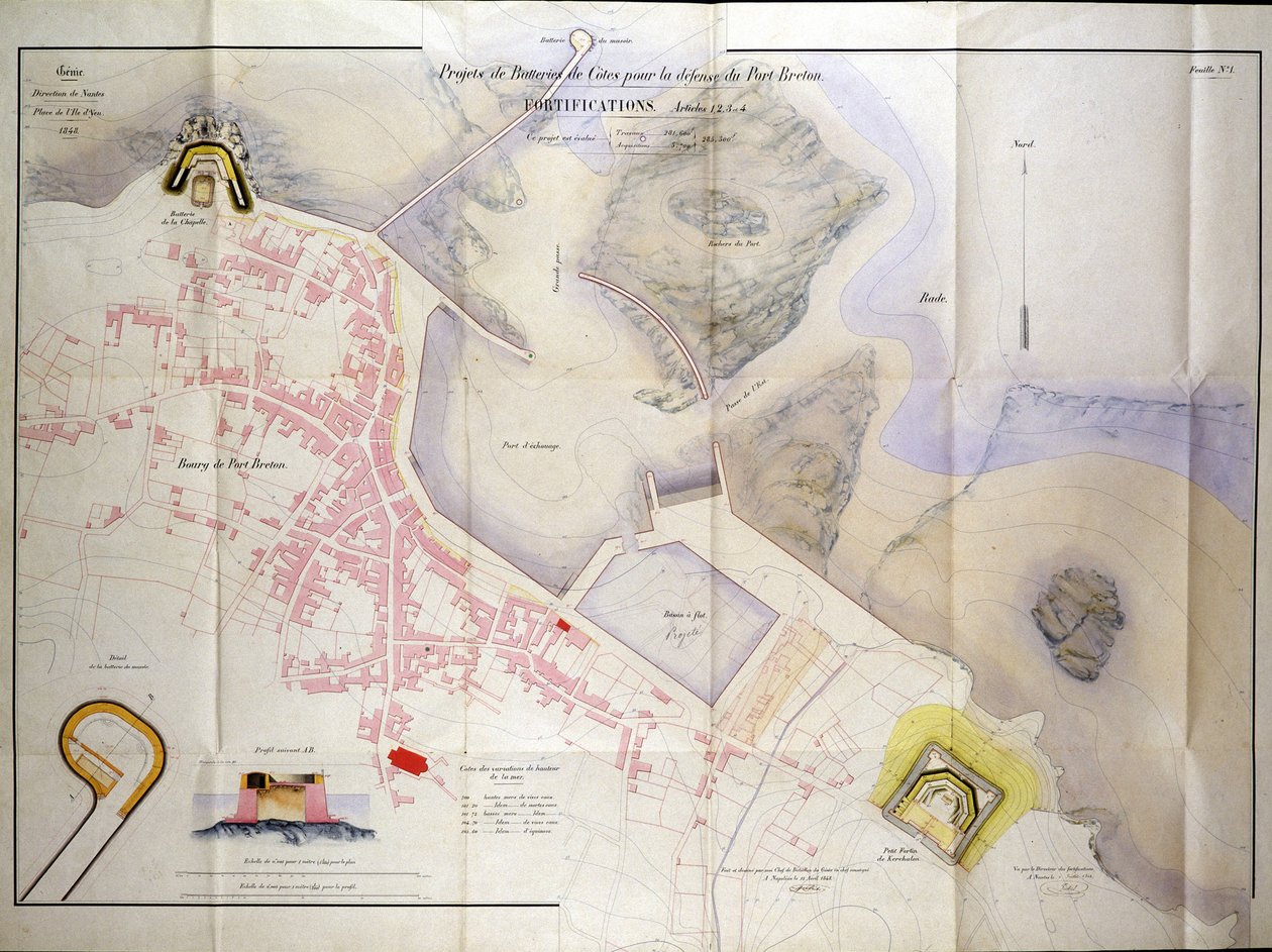 Plan für den Bau der Küstenbatterien zur Verteidigung des Hafens von Breton im Jahr 1848 von French School