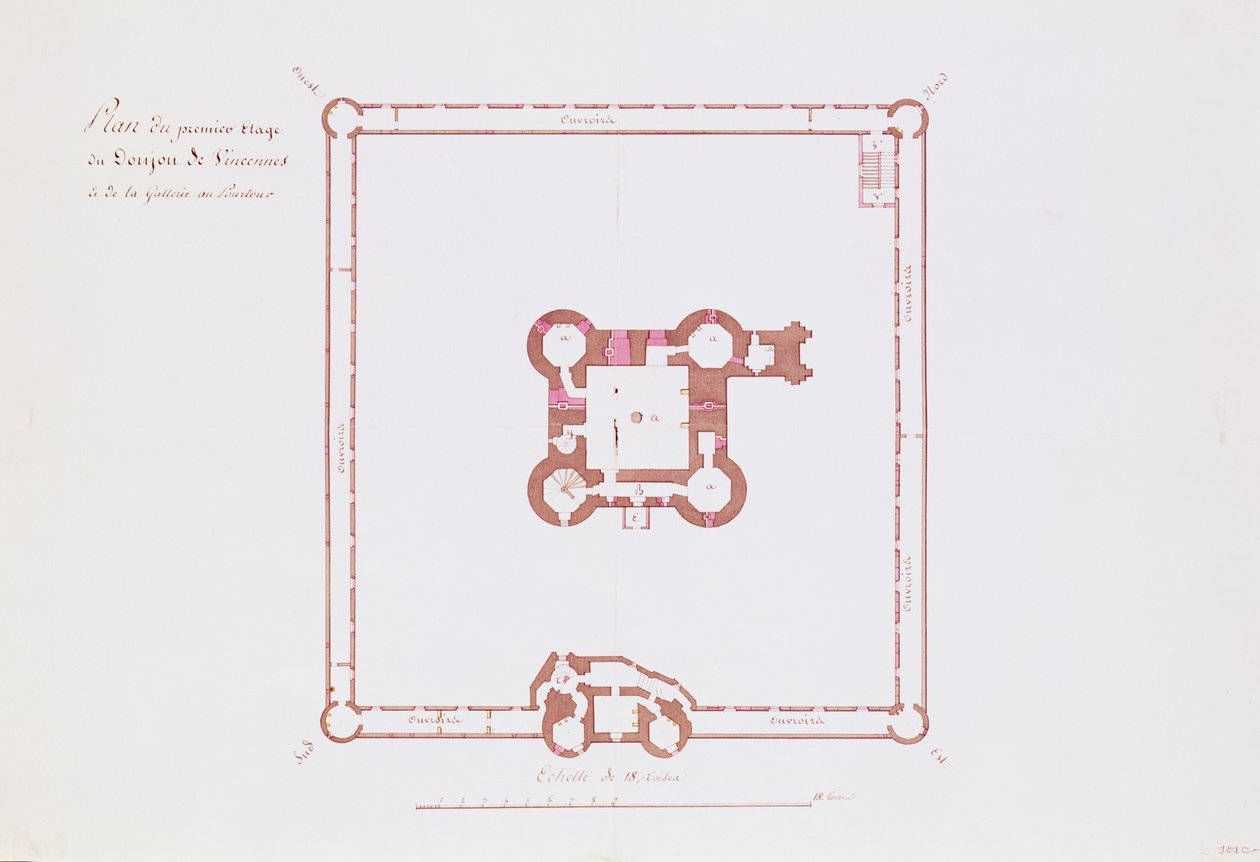 Plan für das erste Stockwerk des Donjons in Vincennes, 1810 von French School
