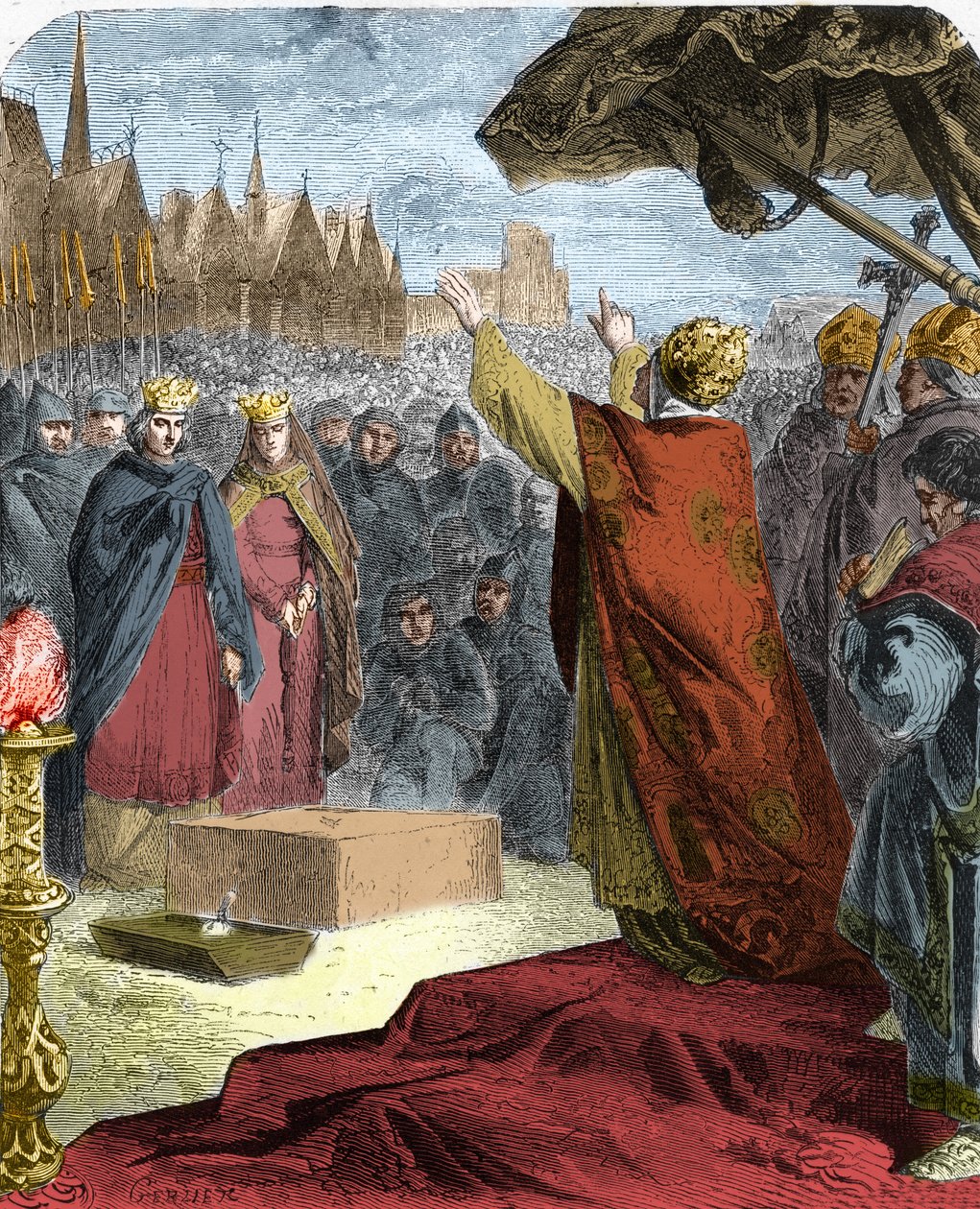 Papst Alexander III. (Orlando Bandinelli) legte 1163 den Grundstein der Kathedrale Notre Dame de Paris (Notre-Dame) in Anwesenheit von König Ludwig VII. von Frankreich und dem Bischof Maurice de Sully. von French School
