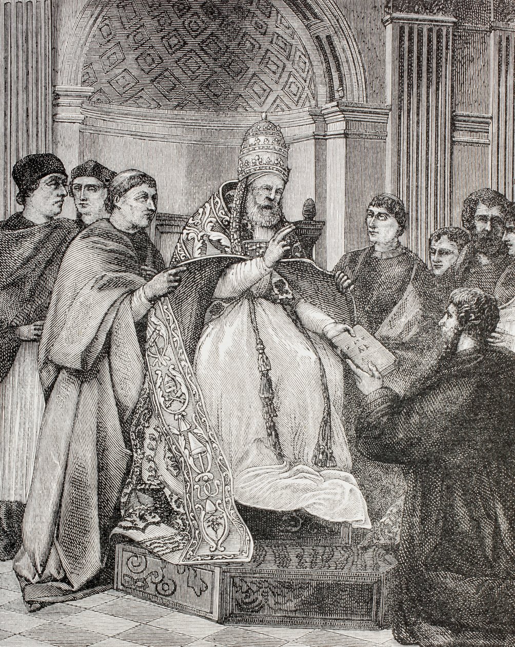Papst Gregor IX. übergibt die Dekretalen einem Anwalt des Konsistoriums, aus 