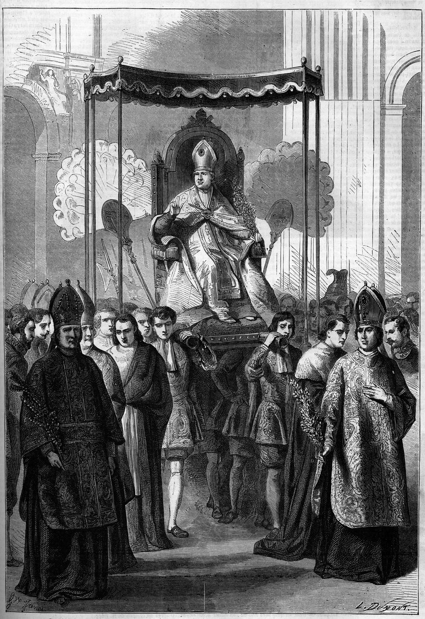Papst Pius IX. wird am Palmsonntag 1861 in die Kirche St. Peter in Rom getragen von French School