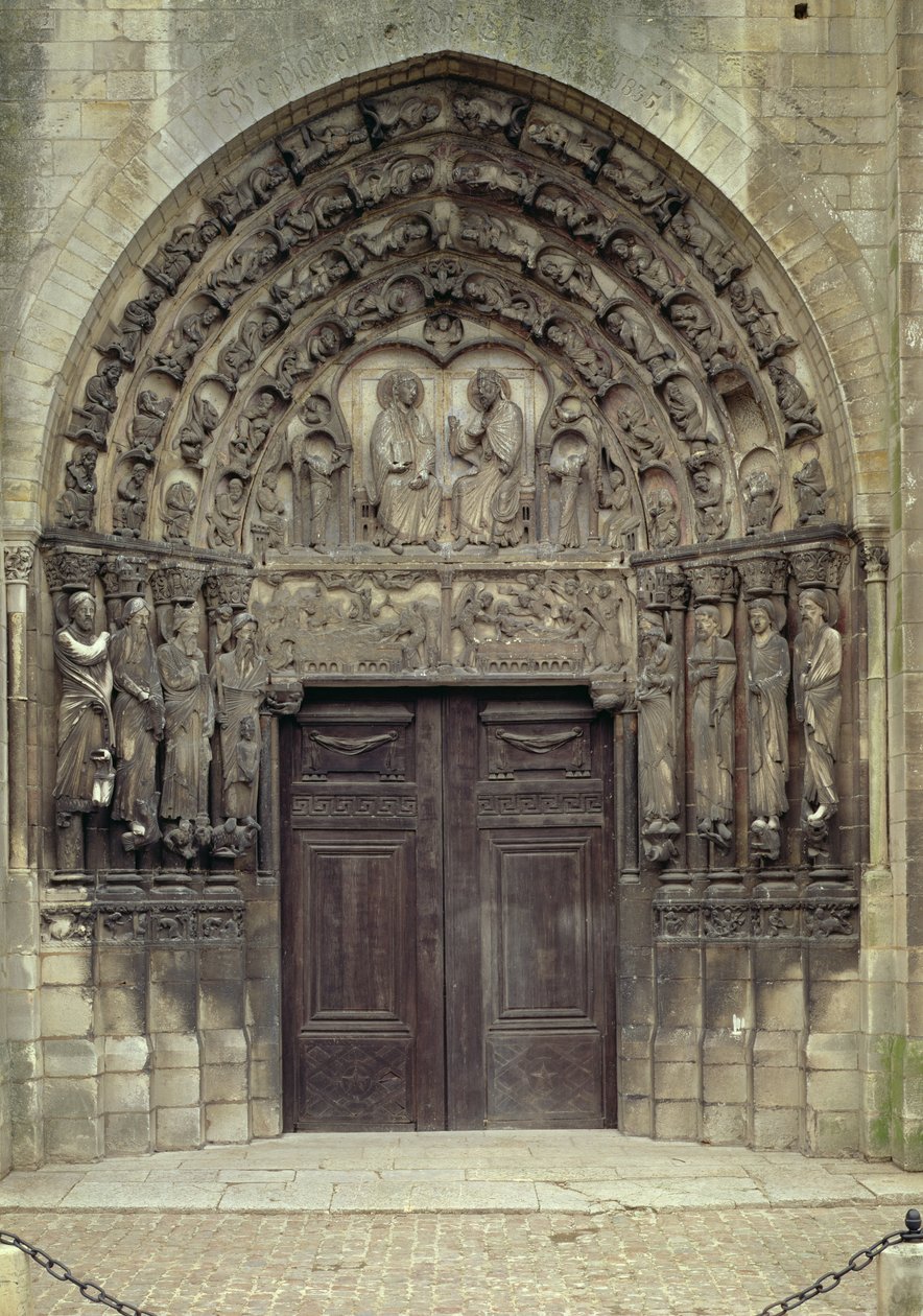 Portal und umliegende Skulpturen mit biblischen Figuren und Szenen, einschließlich der Grablegung von French School