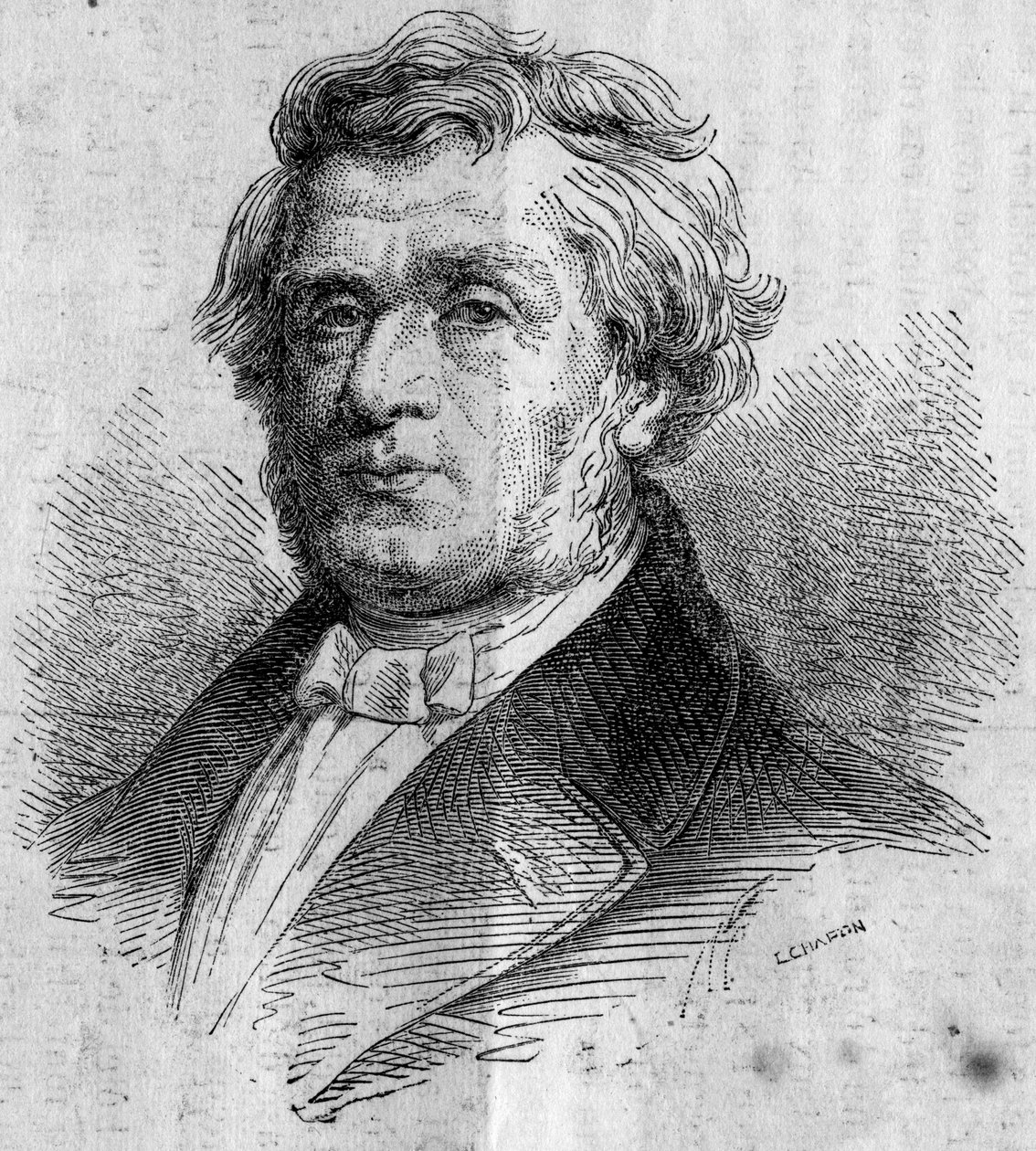 Porträt von Alphonse Lavallée (1791-?), Geschäftsmann aus Nantes, Gründer der École Centrale des Arts et Manufactures (oder École Centrale Paris), die Ingenieure ausbildet. Gravur in "Le Monde Illustré" Nr. 346 vom 28. November 1863 von French School