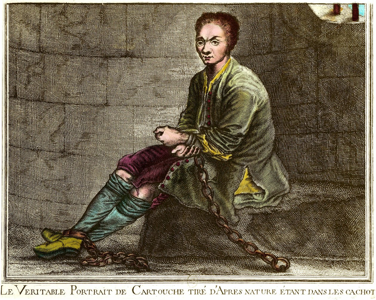 Ganzkörperporträt von Louis Dominique Cartouche (1693-1721), französischer Räuber in seinem Verlies. Gravur des 18. Jahrhunderts. Private Sammlung von French School