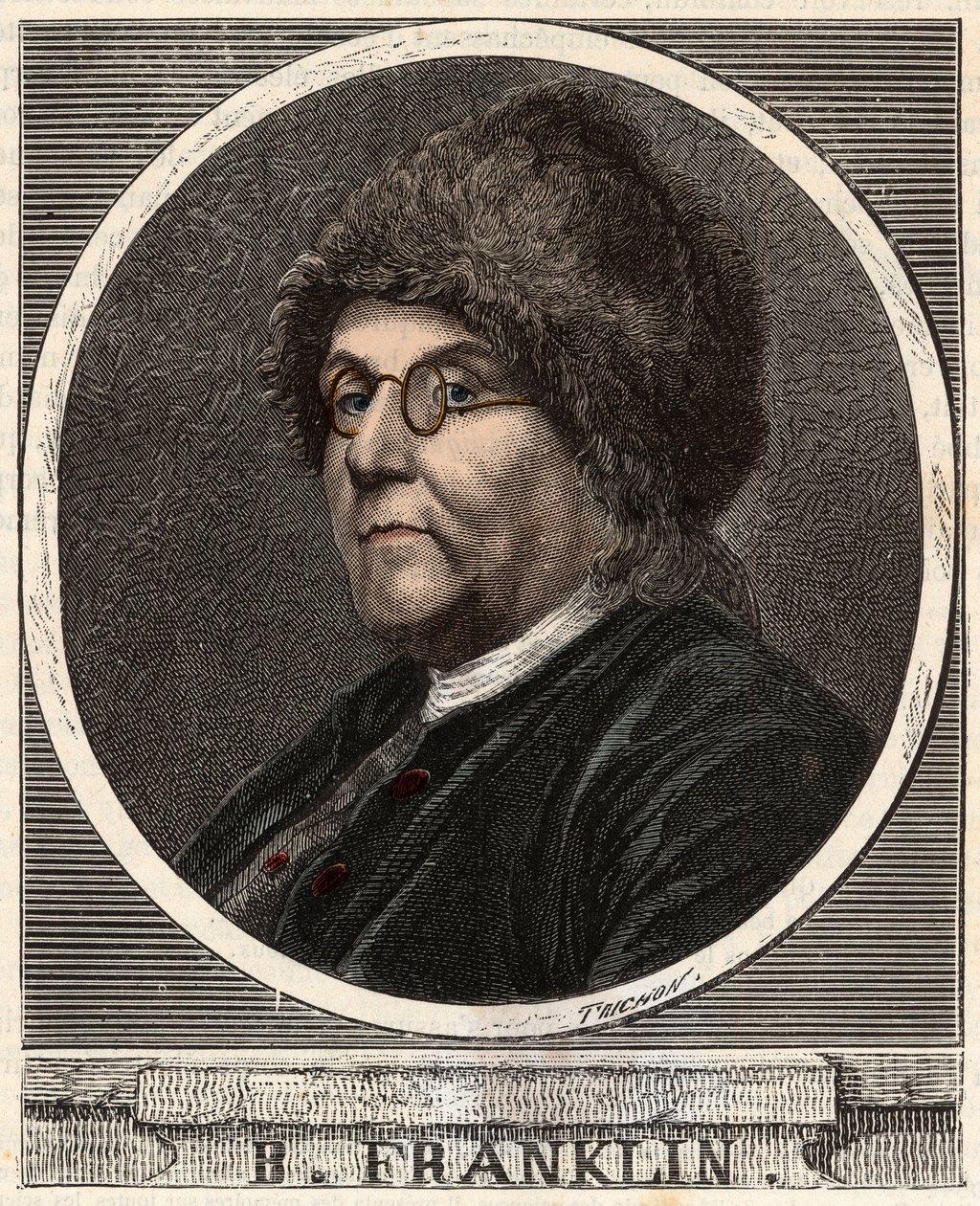 Porträt von Benjamin Franklin (1706-1790), amerikanischer Drucker, Verleger, Wissenschaftler, Erfinder, Staatsmann und Diplomat - Gravur in „Wissenschaften für jedermann - Physik und Chemie“ von Alexis Clerc - Ende des 19. Jahrhunderts - Private Sammlung von French School