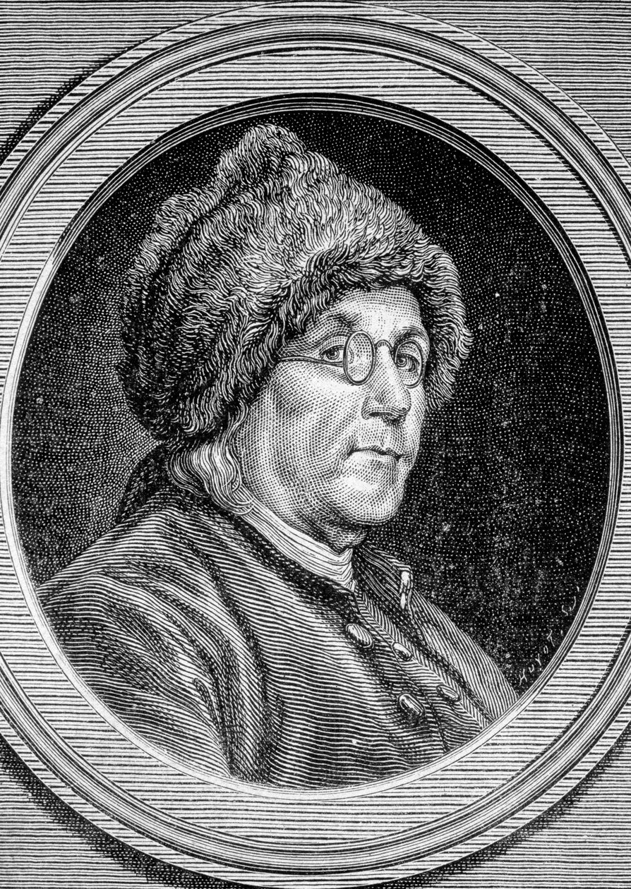 Porträt von Benjamin Franklin (1706 - 1790), Politiker, Memorialist, Pamphletist und amerikanischer Physiker - im „Album der Wissenschaft; berühmte Gelehrte; Große Entdeckungen“ 1896 von French School