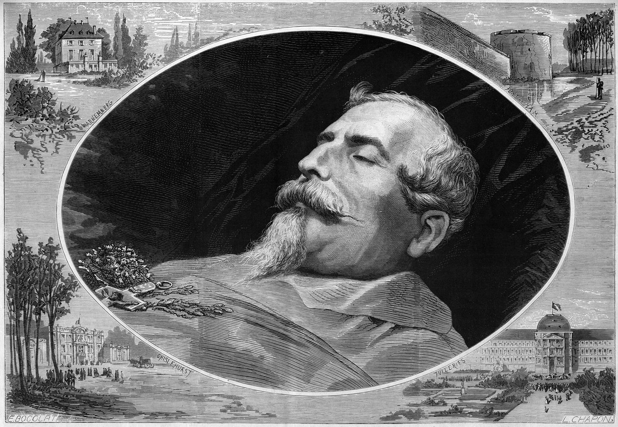 Porträt von Napoleon III. (1808-1873) auf seinem Sterbebett. Gravur in "Le Monde Illustré" Nr. 824 vom 25. Januar von French School