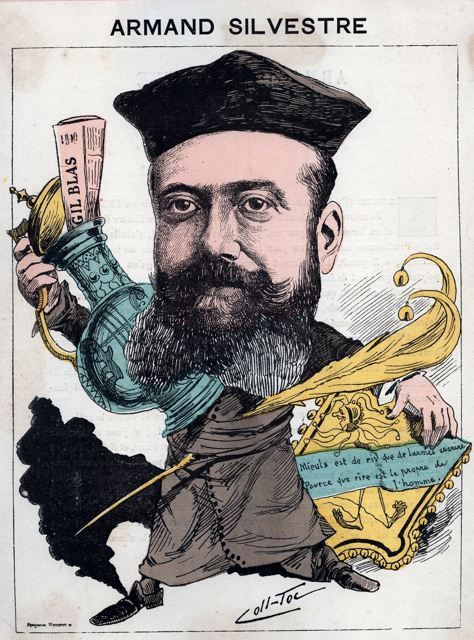 Porträt von Paul Armand (Paul-Armand) Silvestre (1837-1901), französischer Dichter - Karikatur von anderen (Collignon und Tocqueville) in „Les Hommes d