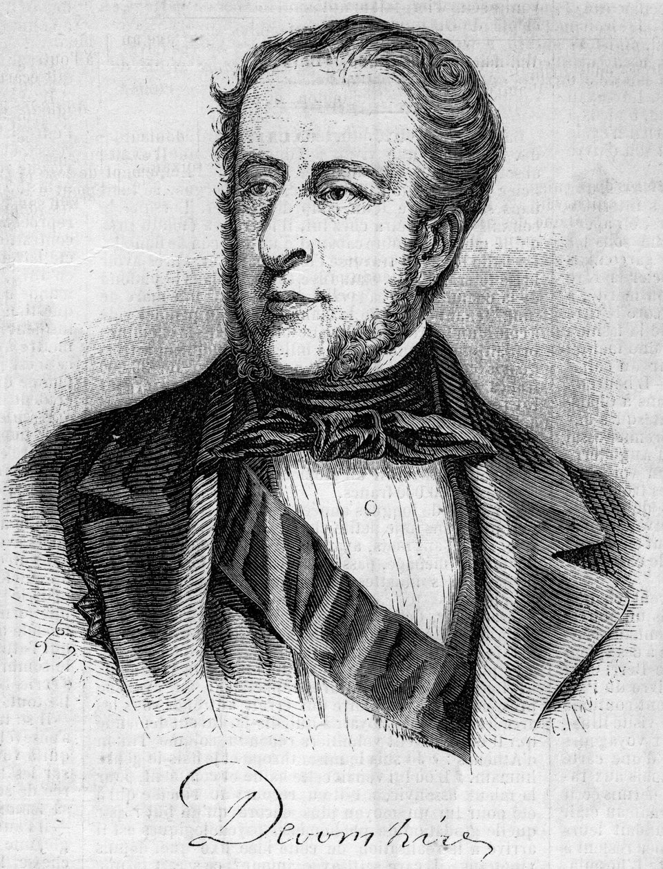 Porträt von William Spencer Cavendish (1790-1858), Herzog von Devonshire. Gravur in „Le Monde Illustré“ Nr. 45 vom 20. Februar 1858. von French School