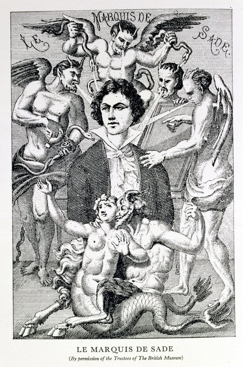 Porträt des Marquis de Sade, umgeben von Teufeln von French School
