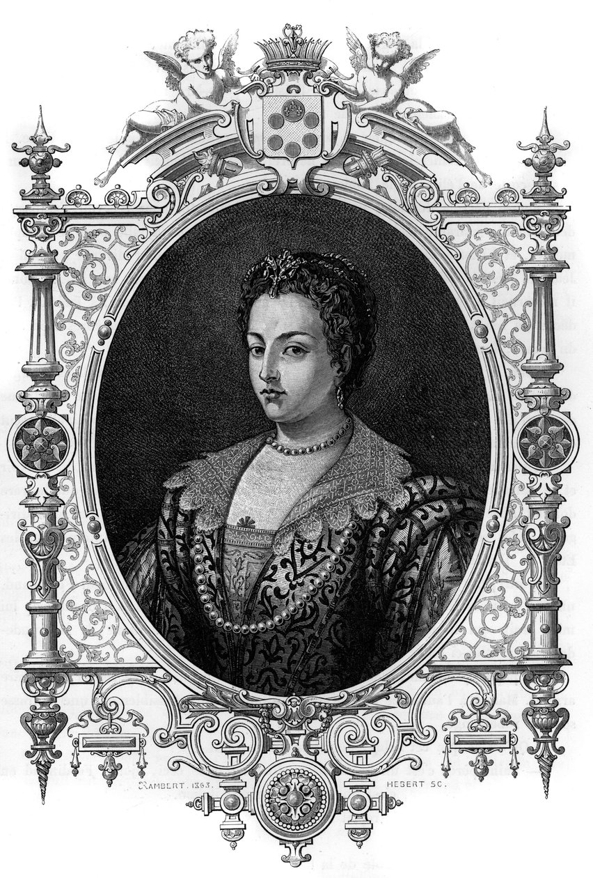 Porträt der Venezianerin Bianca Cappello (1548 - 1587), Ehefrau von Francois de Medicis (Francesco de Medici). Gravur von 1862 in „Die Königinnen der Welt“ von unseren ersten Schriftstellern. Buch unter der Leitung von J. G. D. ARMENGAUD. von French School