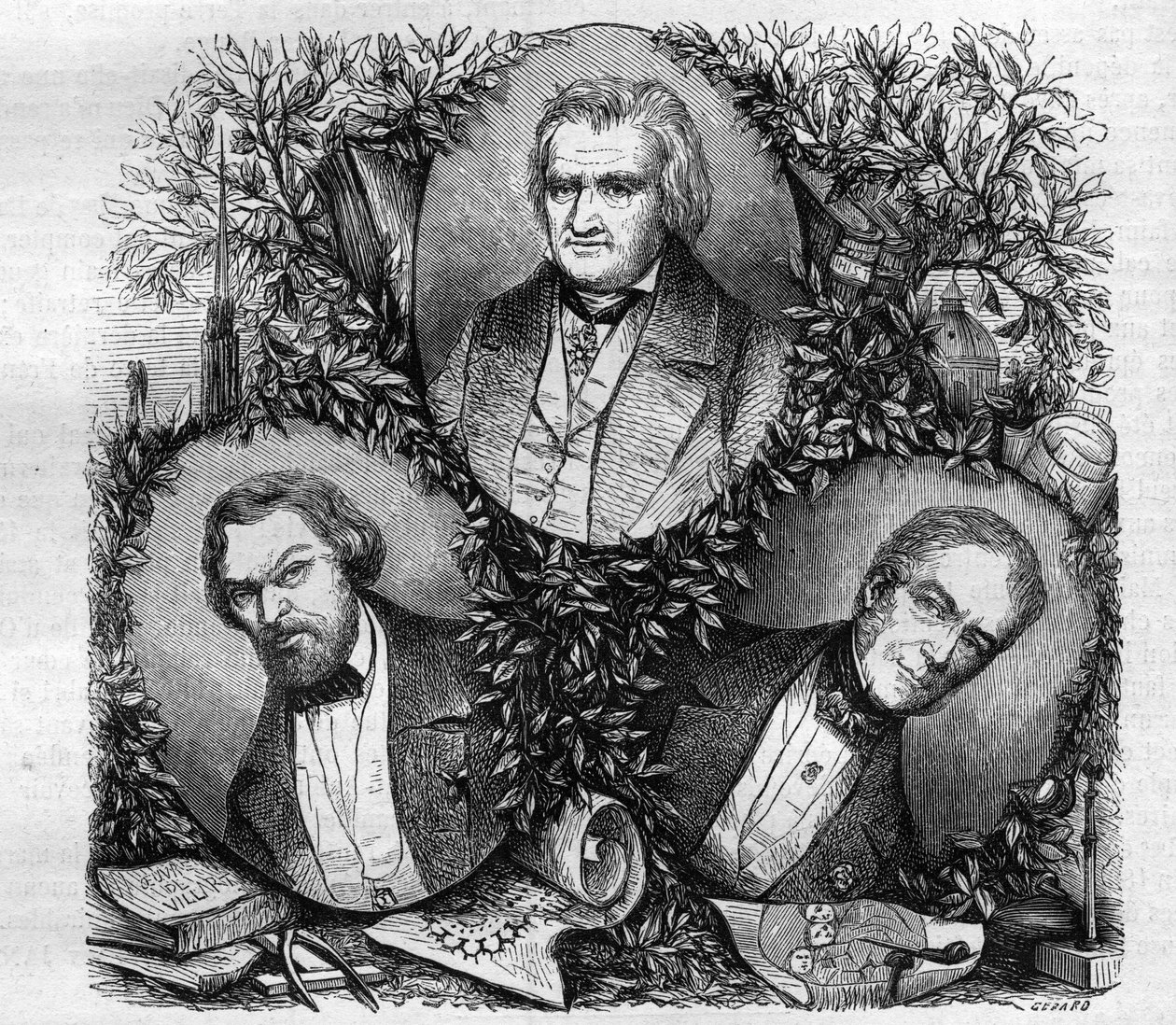 Porträts von Jean Baptiste Antoine Lassus (1807-1857), französischer Architekt (links); Charles Lacretelle Jeune (1766-1855), französischer Historiker und Anwalt (Mitte); und Baron Auguste Gaspard Louis Desnoyers (1779-1857), französischer Graveur. Gravur  von French School
