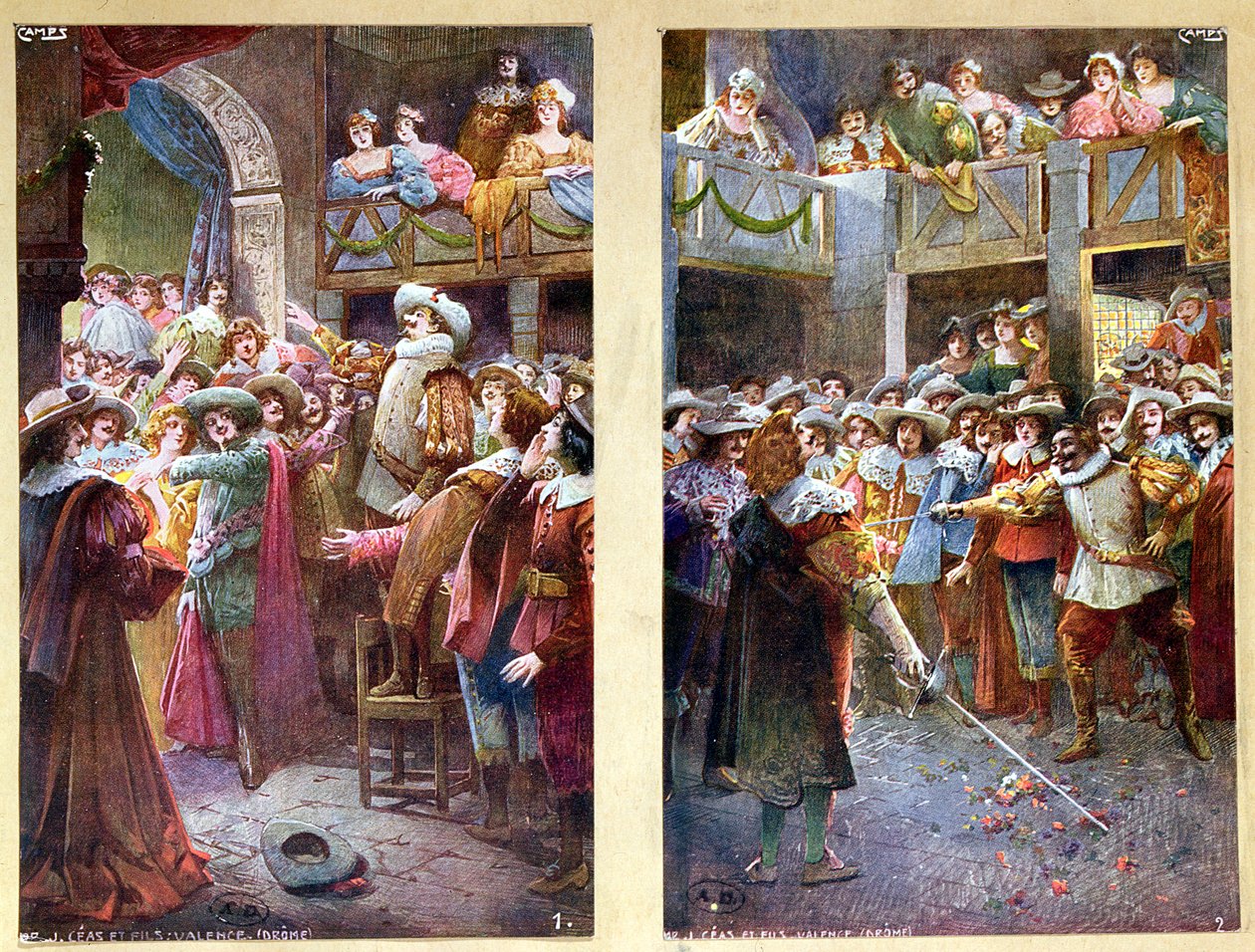 Postkarten darstellend Cyrano de Bergerac und das Duell im Hotel de Bourgogne, ca. 1900 von French School
