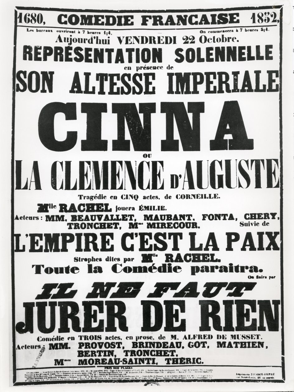 Plakat zur Werbung für eine Aufführung an der Comédie-Française am 22. Oktober 1852 von Corneilles Tragödie Cinna, gefolgt von einem Vortrag des Gedichts L