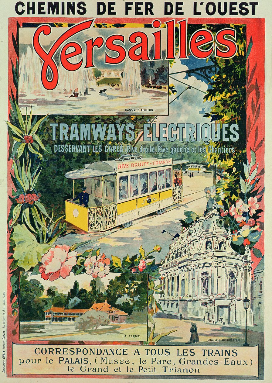 Plakat, das die elektrische Straßenbahn in Versailles bewirbt von French School