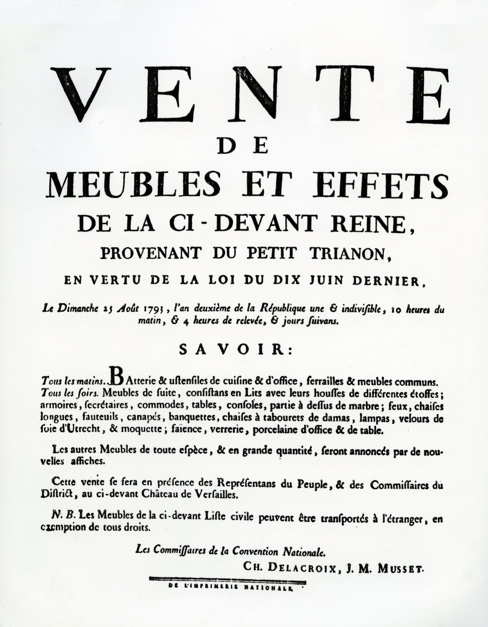 Plakat, das den Verkauf von Marie-Antoinettes Möbeln und Effekten am 25. August ankündigt von French School