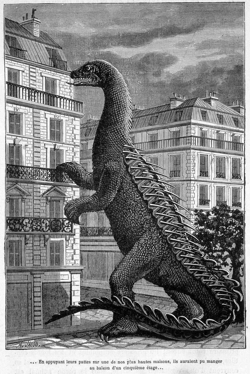 Prähistorische Tiere: durch Drücken ihrer Pfoten auf eines unserer höchsten Häuser hätten sie auf dem Balkon des 5. Stocks essen können - Umschlag von Camille Flammarions Buch „Le monde avant la création de l