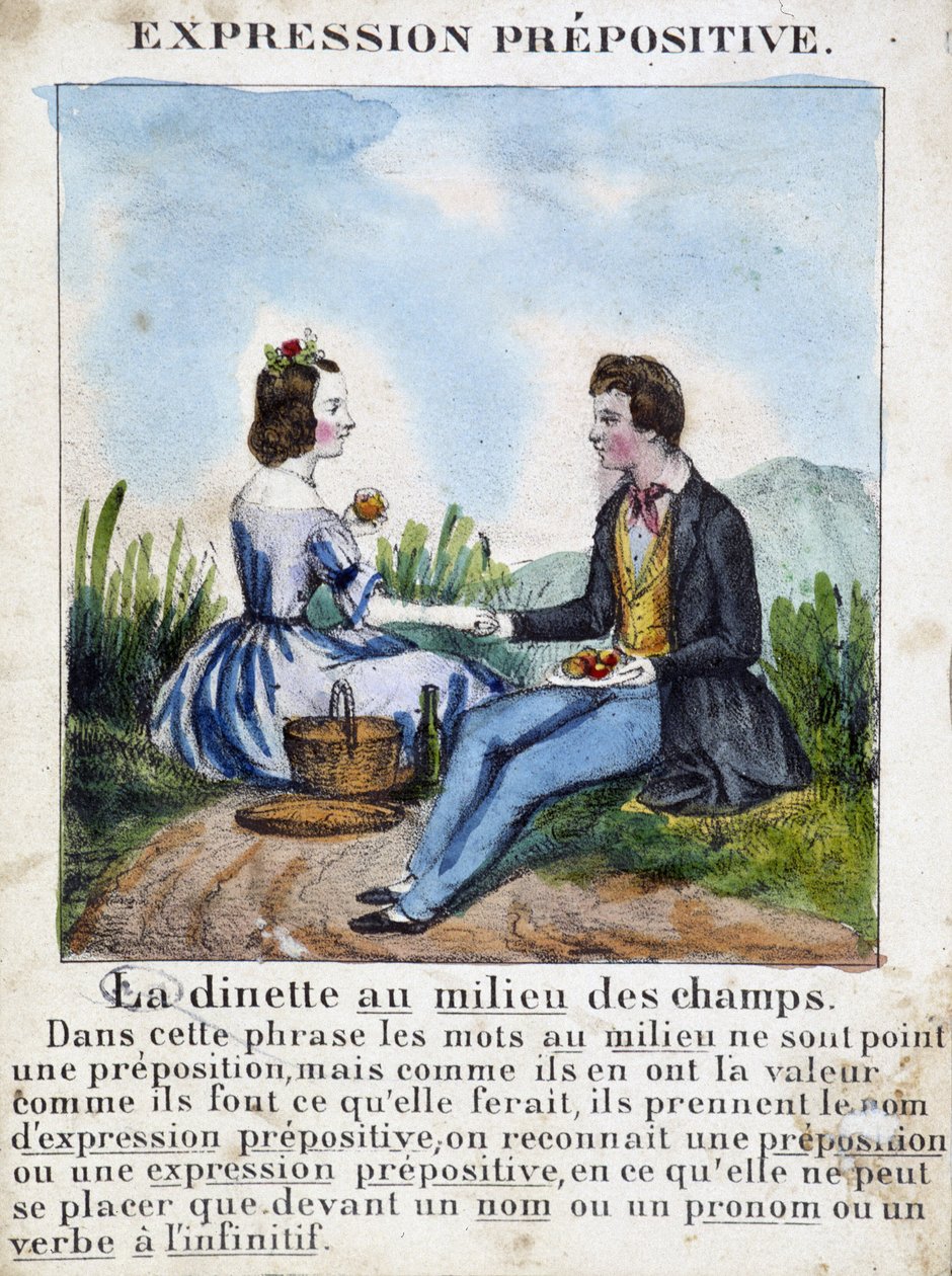 Präpositive Ausdruck (La dinette au milieu des champs) - Grammatikbuch in Bildern, um 1850 von French School