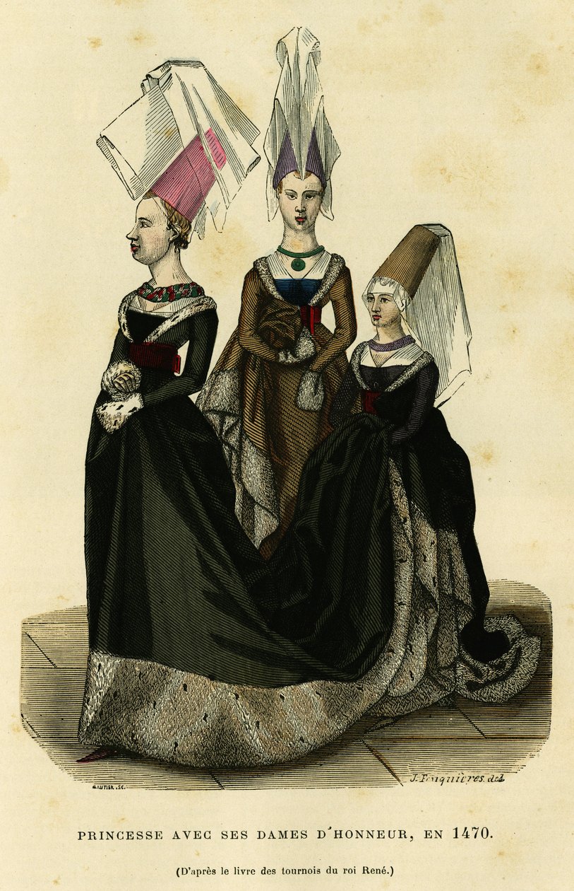 Prinzessin mit ihren Ehrendamen, um 1470. Farbstich nach dem Buch der Turniere des Königs René, in „Frankreich und die Franzosen durch die Jahrhunderte“ von Augustin Challamel, F. Roy Herausgeber, Paris 1882. Selva Sammlung. von French School
