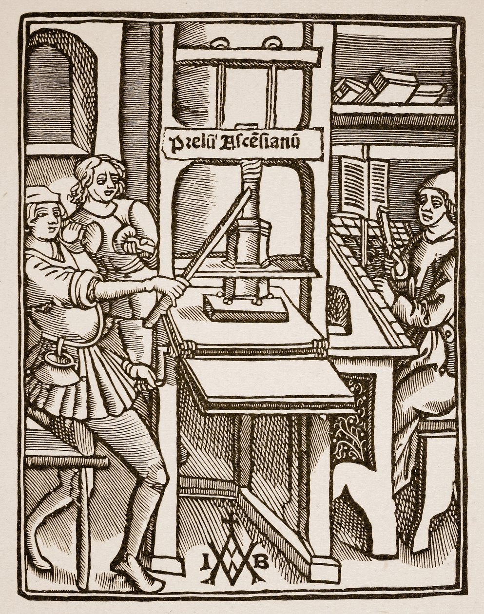 Druckerpresse, Titelseite von Hegesippus, gedruckt von Jodocus Badius Ascensius, Paris, 1511 (Sepia-Foto) von French School