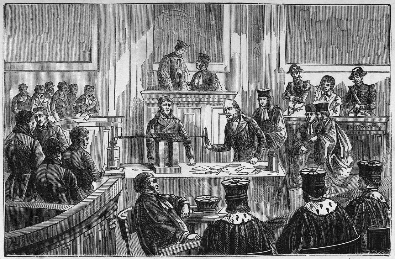 Prozess von Marie Fortunée Capelle (1816-1852), bekannt als Marie Lafarge, eine französische Kriminelle, die 1840 wegen des Mordes an ihrem Ehemann verurteilt wurde - Gravur in „Wissenschaften für alle - Physik und Chemie“ von Alexis Clerc - Ende 19. Jahrh von French School