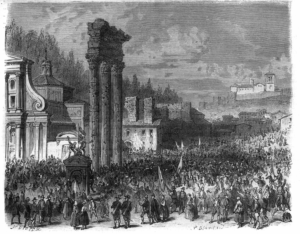 Proklamation der Römischen Republik im Jahr 1798. (Proklamation della repubblica romana nel 1878) Gravur in „Histoire des Papes-Könige-Königinnen und Kaiser durch die Jahrhunderte“ von Maurice Lachatre von French School