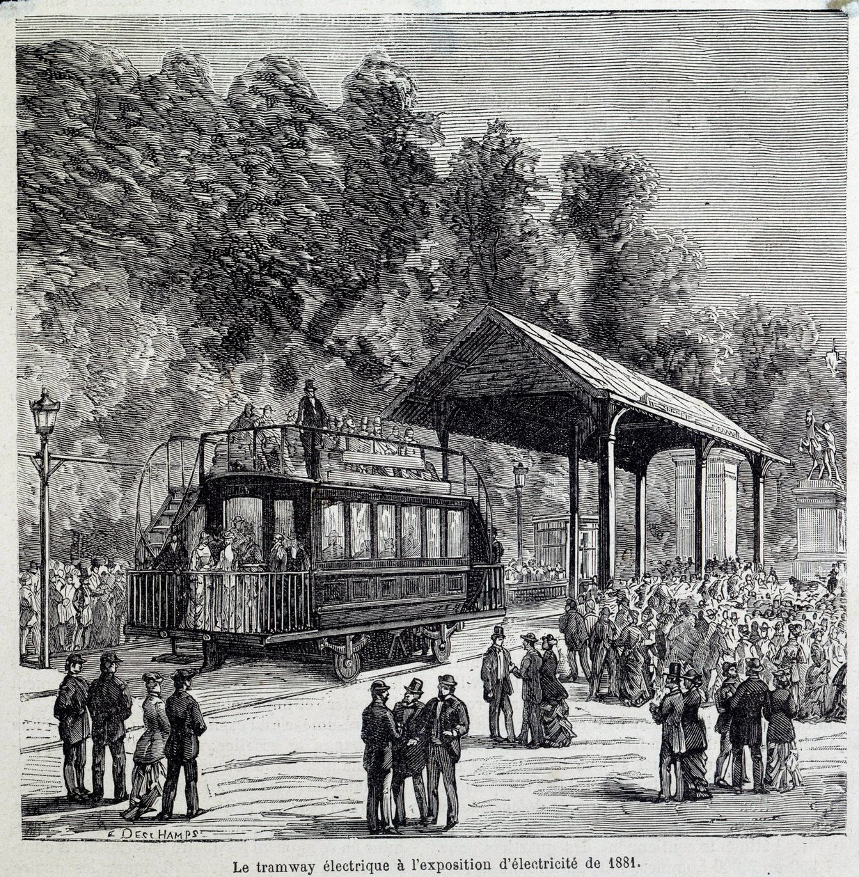 Fortschritte im Transport: die elektrische Straßenbahn, ausgestellt auf der Elektrizitätsausstellung 1881. Gravur des 19. Jahrhunderts von French School
