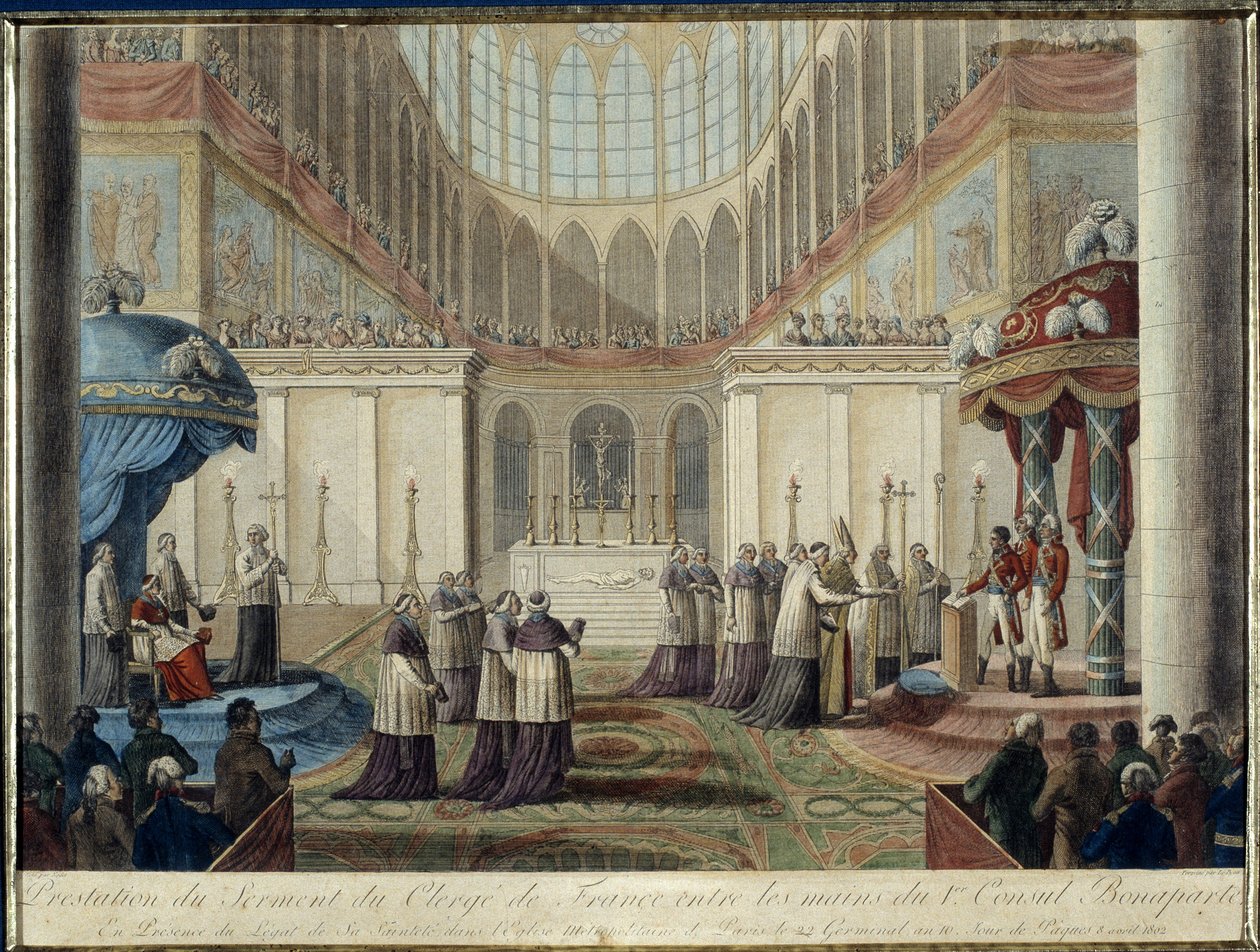 Verkündung des Konkordats von 1801: vom Klerus Frankreichs in die Hände des 1. Konsuls Bonaparte vereidigt, in Anwesenheit des Legaten seiner Heiligkeit in der Metropolitankirche von Paris am 22. Germinal Jahr 10, Ostersonntag 8. April 1802 von French School