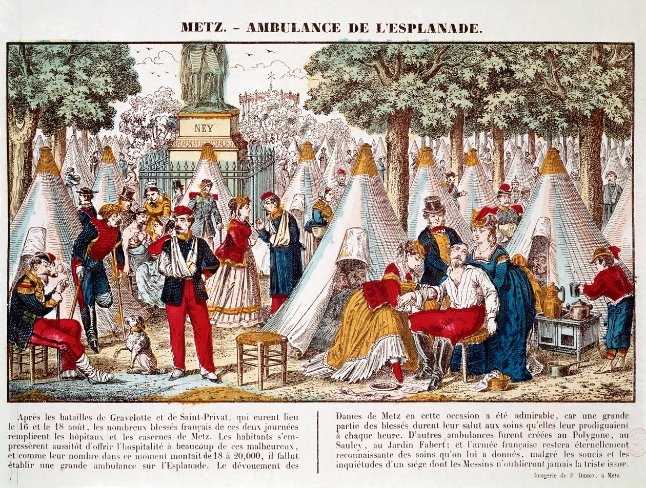 Preußischer Krieg: eine Ambulanz auf der Esplanade zur Behandlung der Verwundeten im Jahr 1870 in Metz (Gravur) von French School